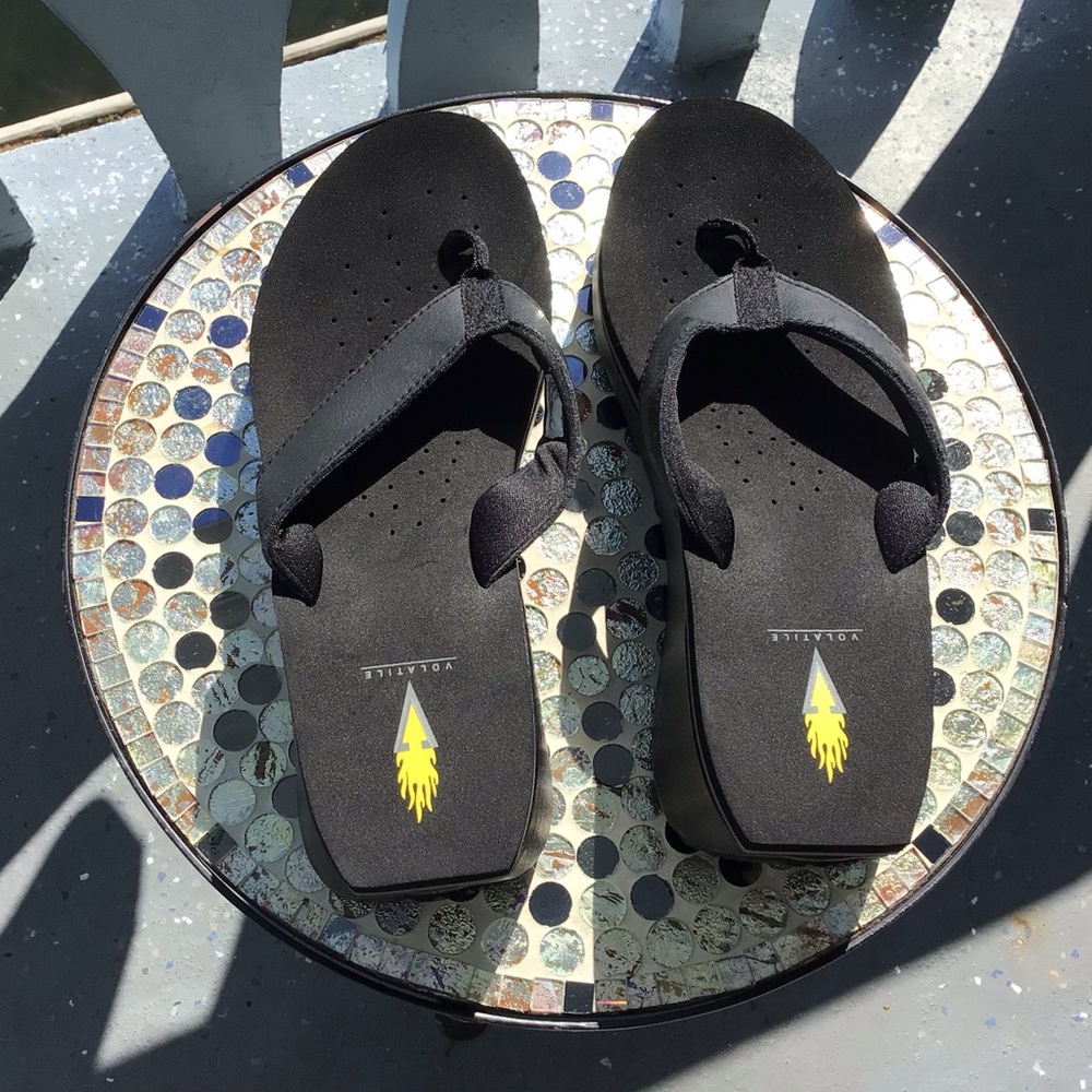 Volatile Women's Black Wedge Thong Flip-Flop Sandals with Leather Trim Size 10